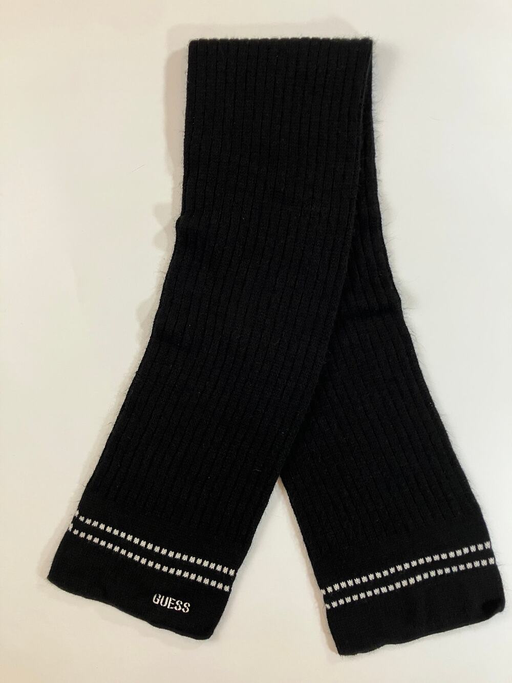 GUESS Black Ribbed Knit Scarf White Logo 100% Acrylic Made in Canada 56"x8"